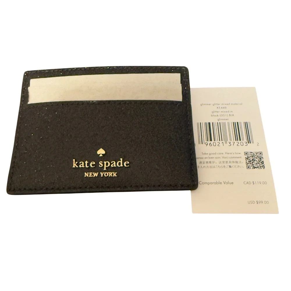 Kate Spade New York Black Glitter Slim Card Holder Wallet New In‎ Box